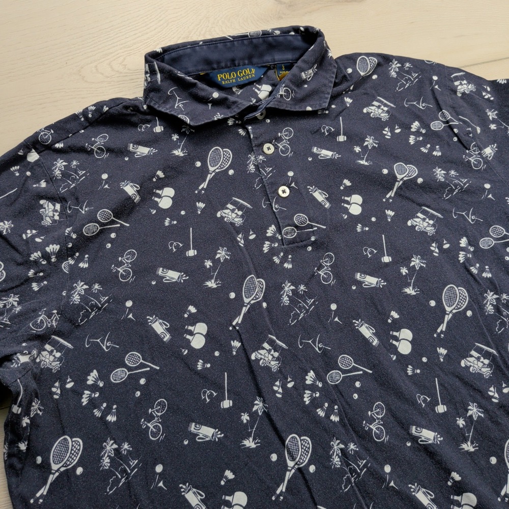 Polo Golf Ralph Lauren Polo Shirt Mens Large Navy Blue Sports Print Cotton